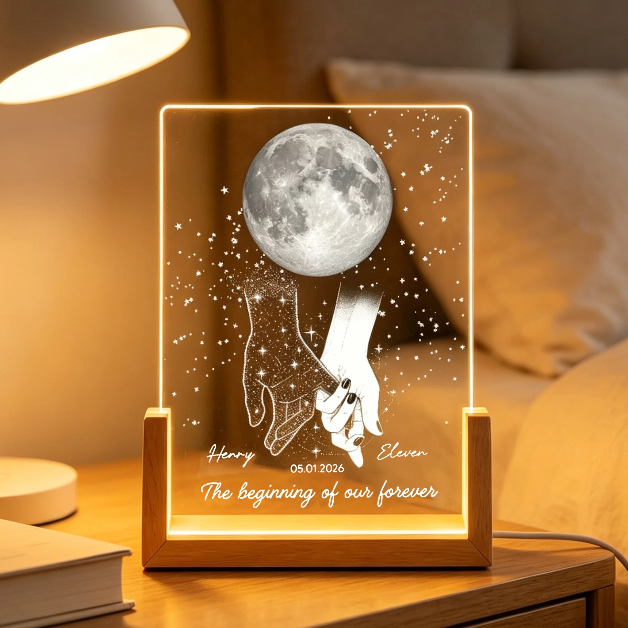 Personalized LED Light Frame, Couple Moon & Stars Design, Unique Gift for Couple with Soft Romantic Glow