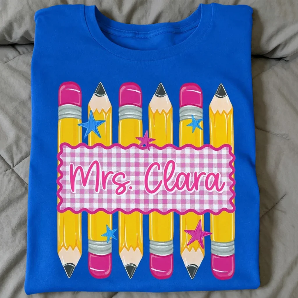 Personalized Classic Tee, Pencil Gingham Teacher Design, Unique Creative Gift for Teachers