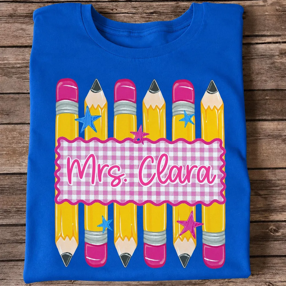 Personalized Classic Tee, Pencil Gingham Teacher Design, Unique Creative Gift for Teachers - Image 2