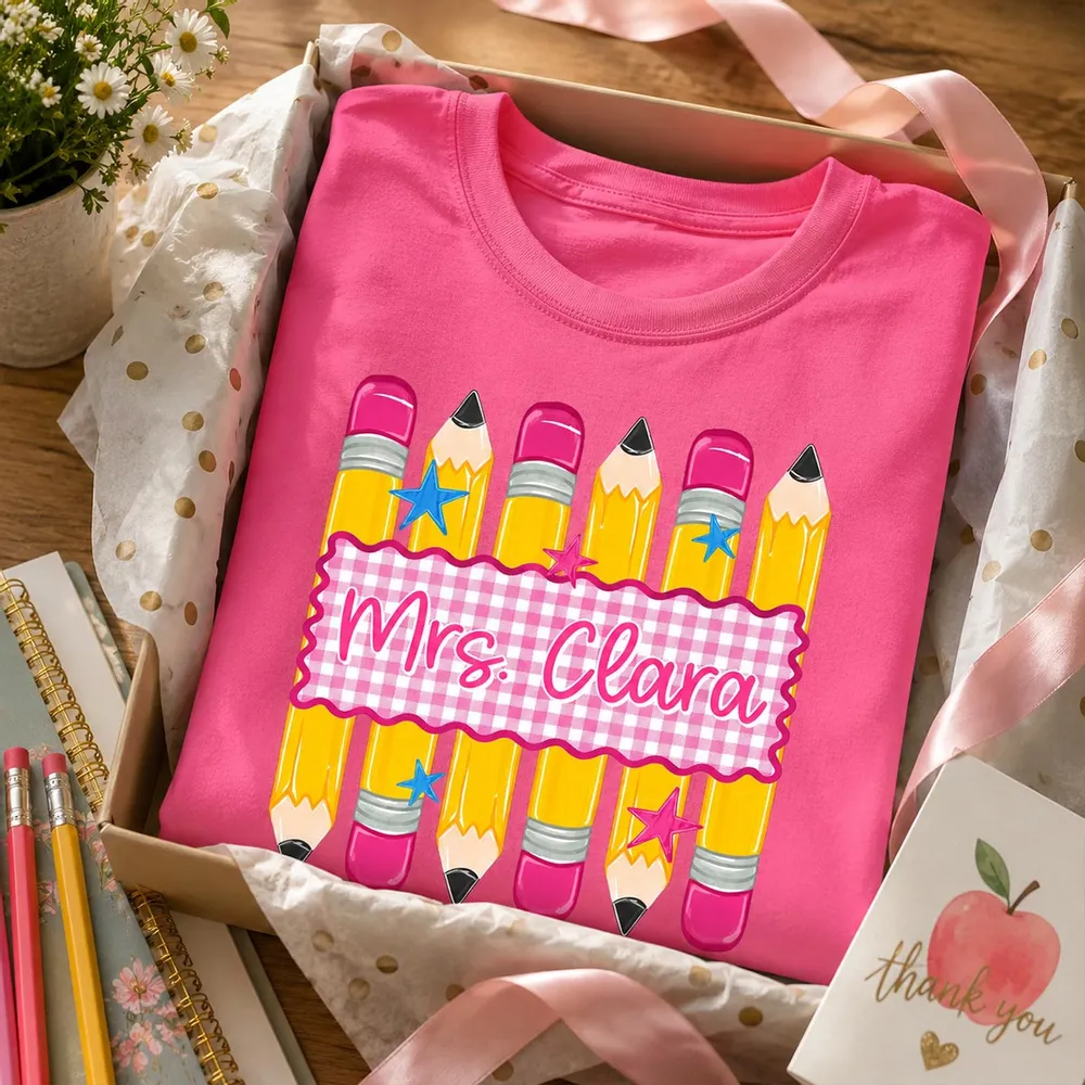 Personalized Classic Tee, Pencil Gingham Teacher Design, Unique Creative Gift for Teachers - Image 3