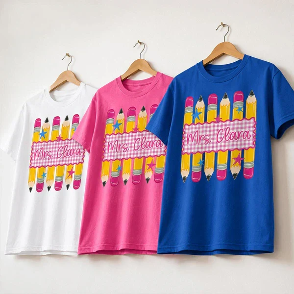 Personalized Classic Tee, Pencil Gingham Teacher Design, Unique Creative Gift for Teachers - Image 5