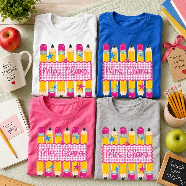 Personalized Classic Tee, Pencil Gingham Teacher Design, Unique Creative Gift for Teachers - Image 8