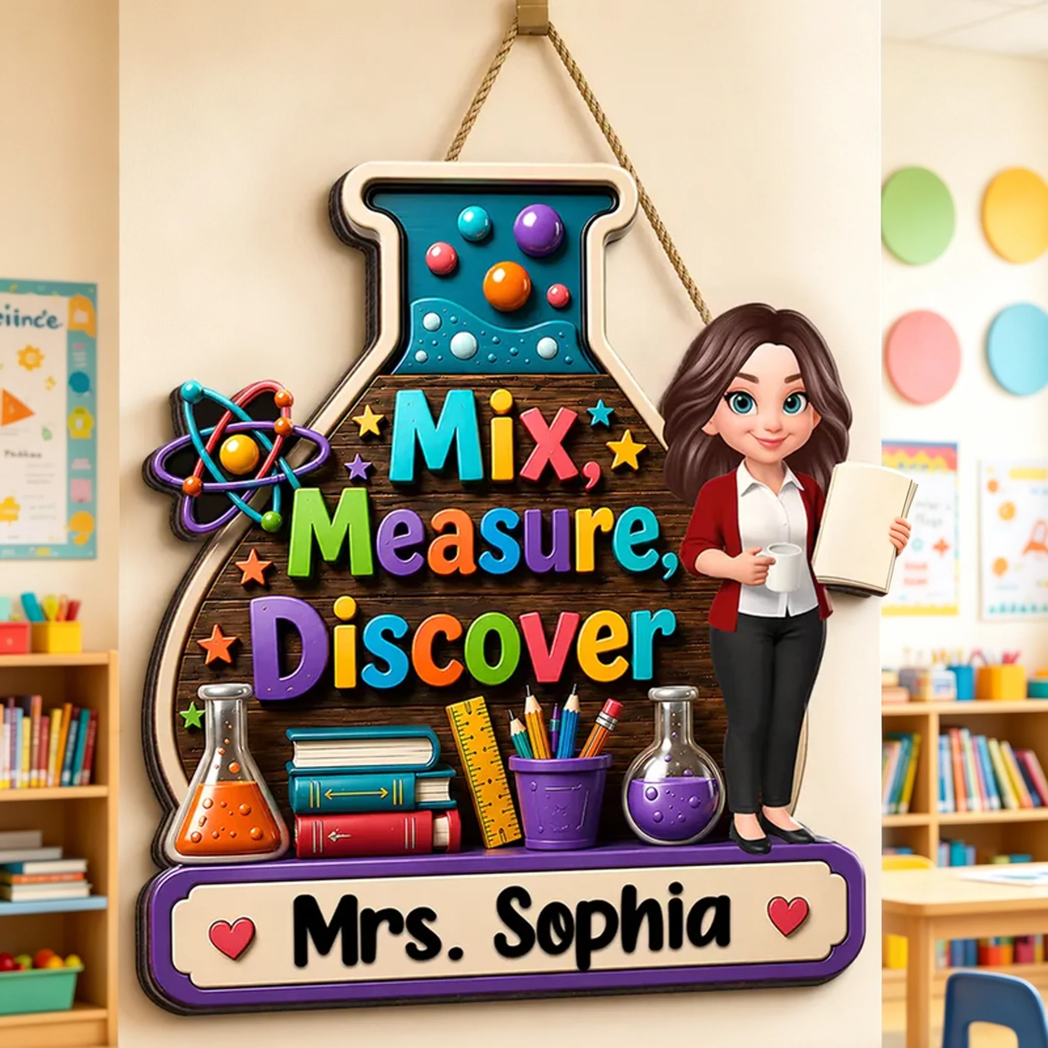 Personalized Wooden Sign With Standing Teacher Illustration, Colorful Classroom Theme, Unique Creative Gift for Teacher