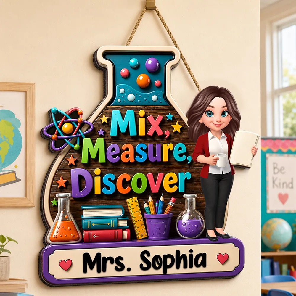 Personalized Wooden Sign With Standing Teacher Illustration, Colorful Classroom Theme, Unique Creative Gift for Teacher - Image 2