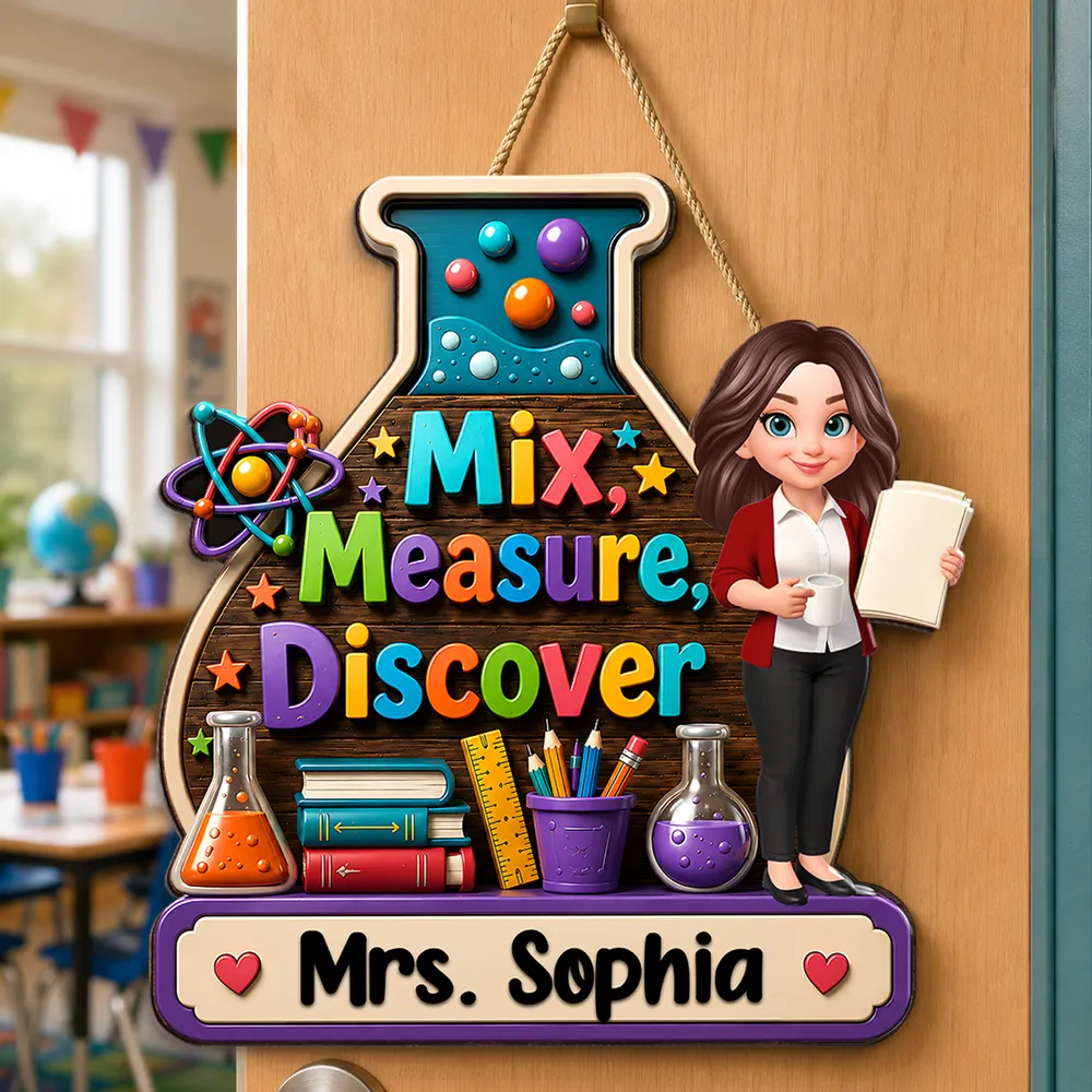 Personalized Wooden Sign With Standing Teacher Illustration, Colorful Classroom Theme, Unique Creative Gift for Teacher - Image 3
