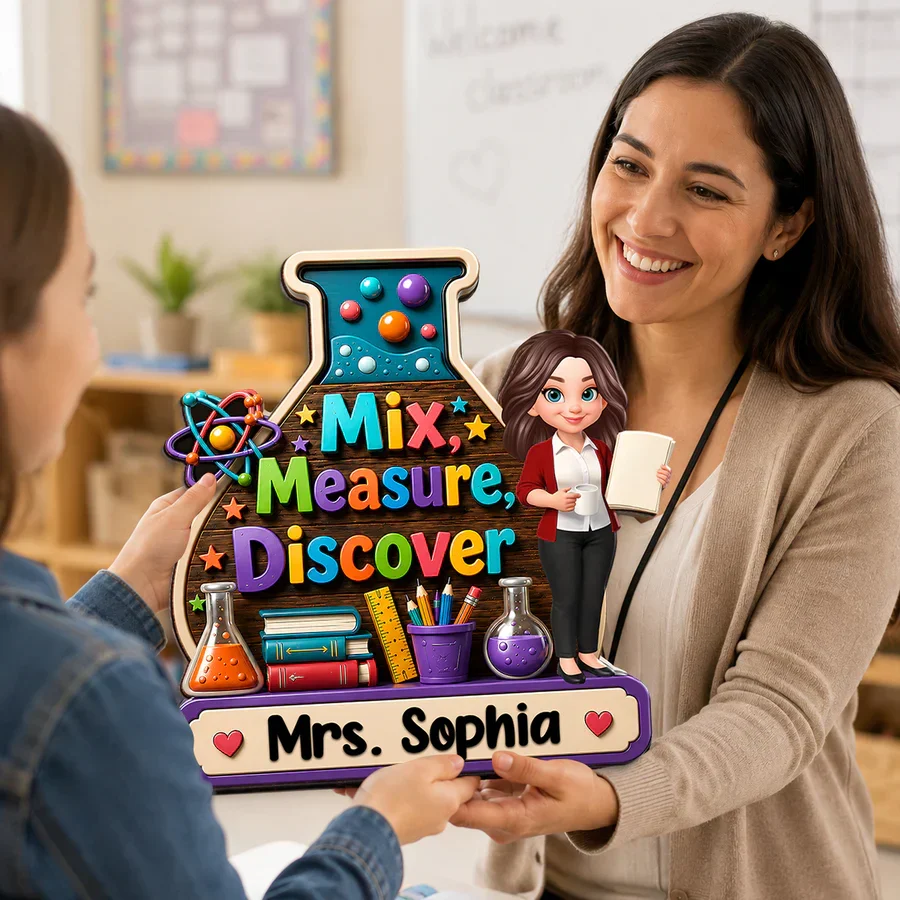 Personalized Wooden Sign With Standing Teacher Illustration, Colorful Classroom Theme, Unique Creative Gift for Teacher - Image 5