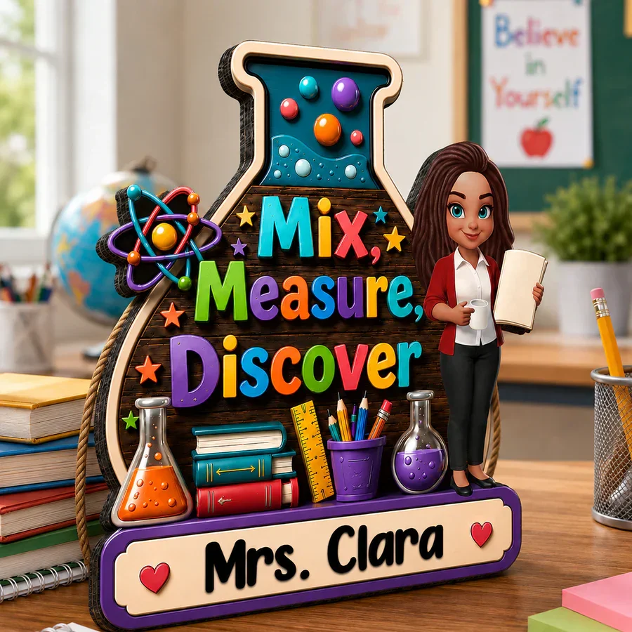 Personalized Wooden Sign With Standing Teacher Illustration, Colorful Classroom Theme, Unique Creative Gift for Teacher - Image 6