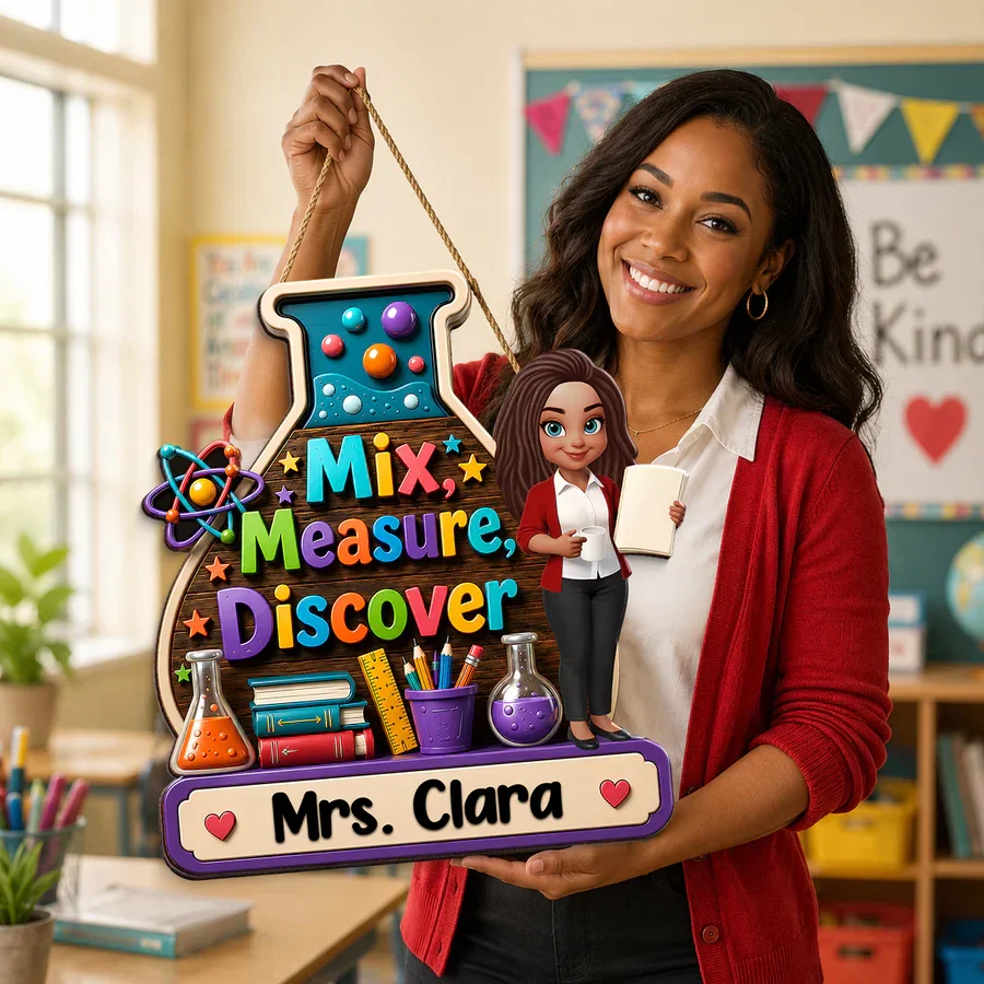 Personalized Wooden Sign With Standing Teacher Illustration, Colorful Classroom Theme, Unique Creative Gift for Teacher - Image 7