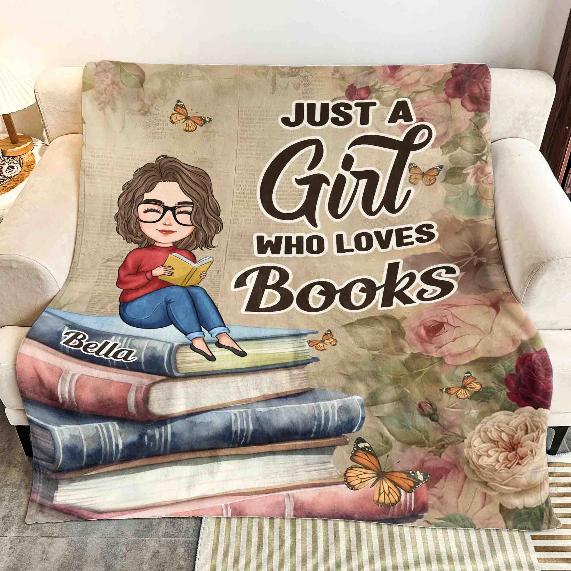 Personalized Fleece Blanket, Just a Girl Who Loves Books, Vintage Floral Book Lover Unique Gift - Image 5