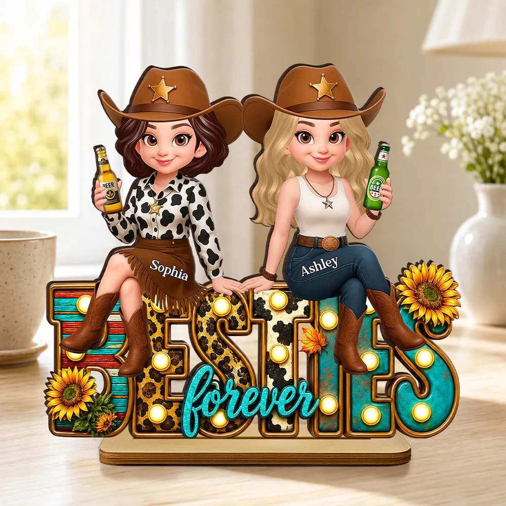 Personalized 2-Layer Wooden Plaque, Cowgirl Friends Holding Hands, Unique Gift for Close Friend - Image 2