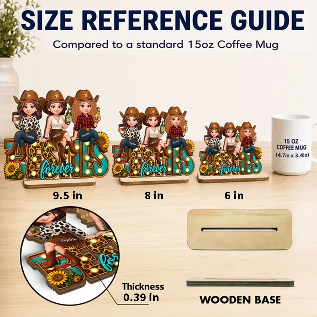 Personalized 2-Layer Wooden Plaque, Cowgirl Friends Holding Hands, Unique Gift for Close Friend - Image 4