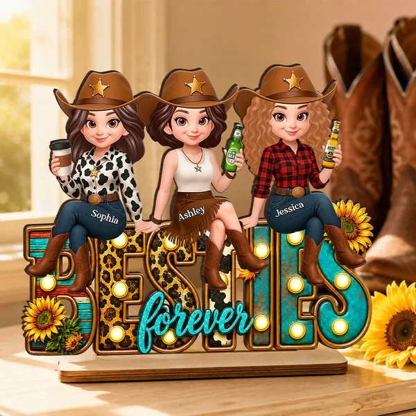 Personalized 2-Layer Wooden Plaque, Cowgirl Friends Holding Hands, Unique Gift for Close Friend - Image 6