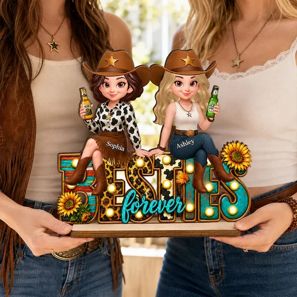 Personalized 2-Layer Wooden Plaque, Cowgirl Friends Holding Hands, Unique Gift for Close Friend - Image 7