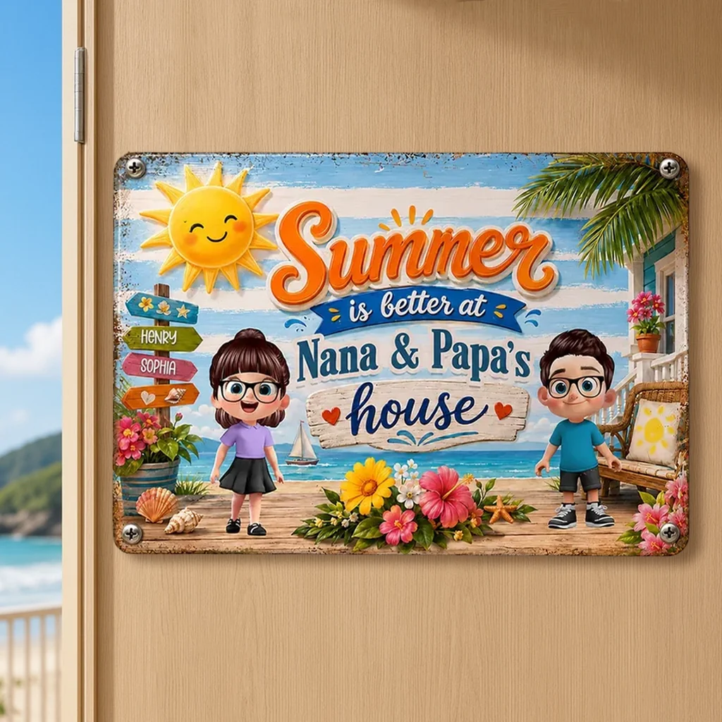 Personalized Rectangular Iron Sign, Summer at Grandparents' House Beach Porch Decor, Unique Gift for Nana & Papa