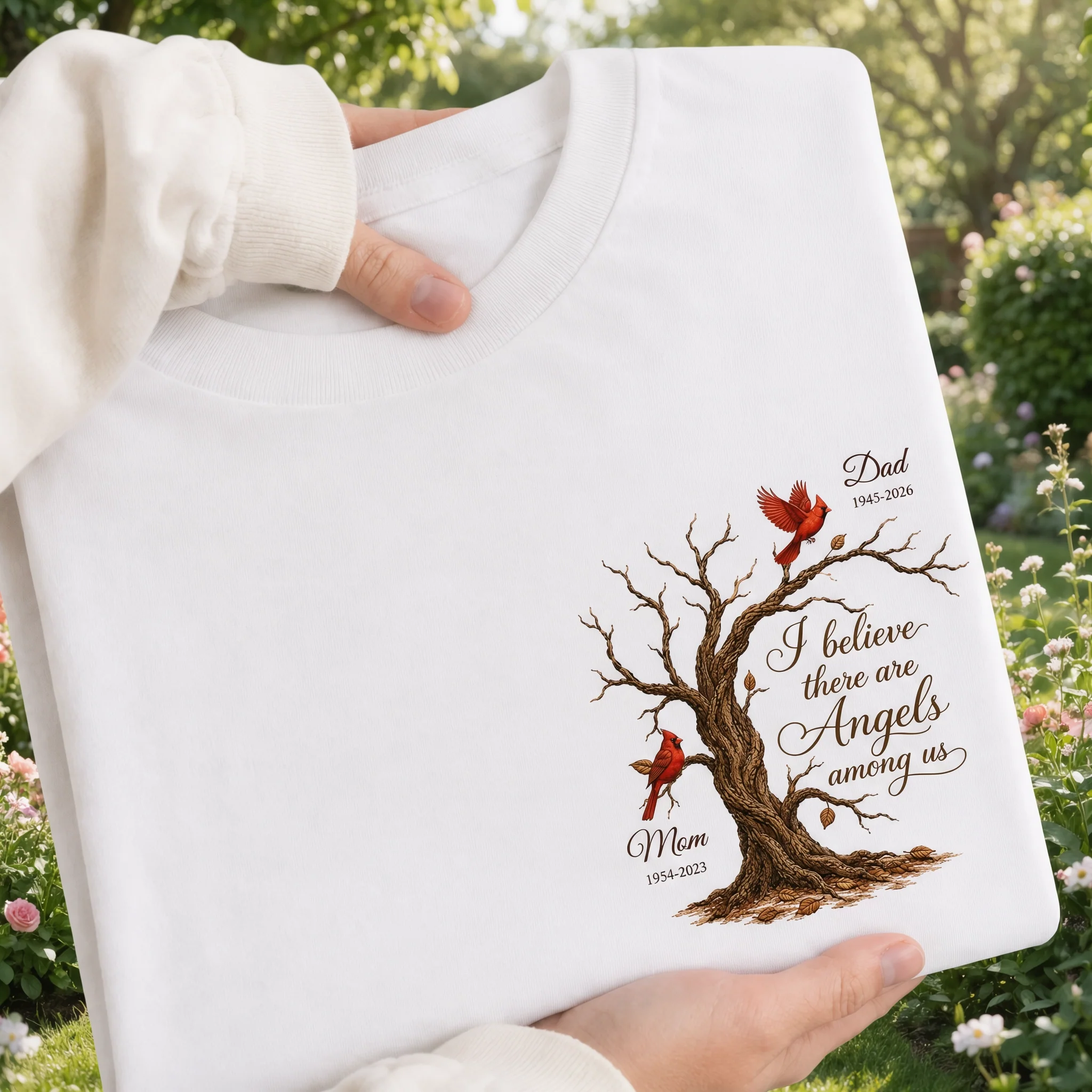 Personalized Classic Tee With Cardinal Memorial Tree, Unique Remembrance Gift for Family