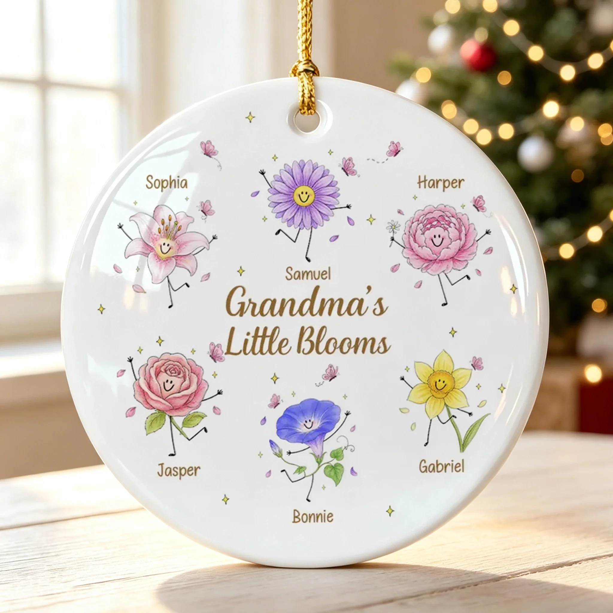 Personalized Ceramic Ornament With Grandma's Little Blooms, Smiling Birth Flower Art, Unique Gift For Grandma