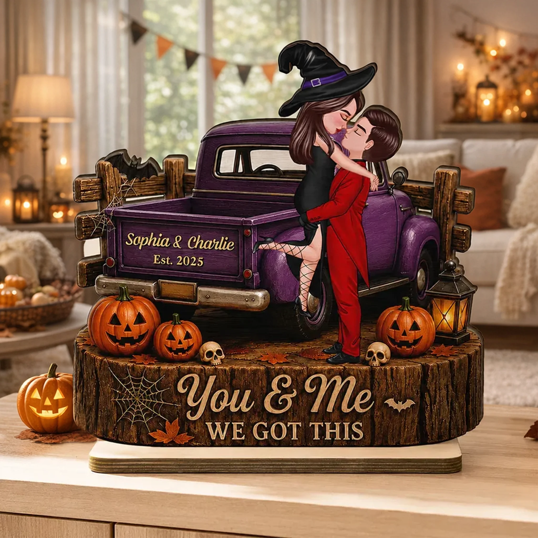 Personalized Layered Wooden Plaque, Spooky Kissing Couple Truck Scene, Unique Gift for Couples