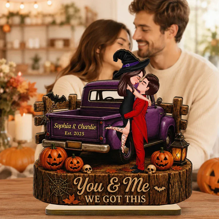 Personalized Layered Wooden Plaque, Spooky Kissing Couple Truck Scene, Unique Gift for Couples - Image 2