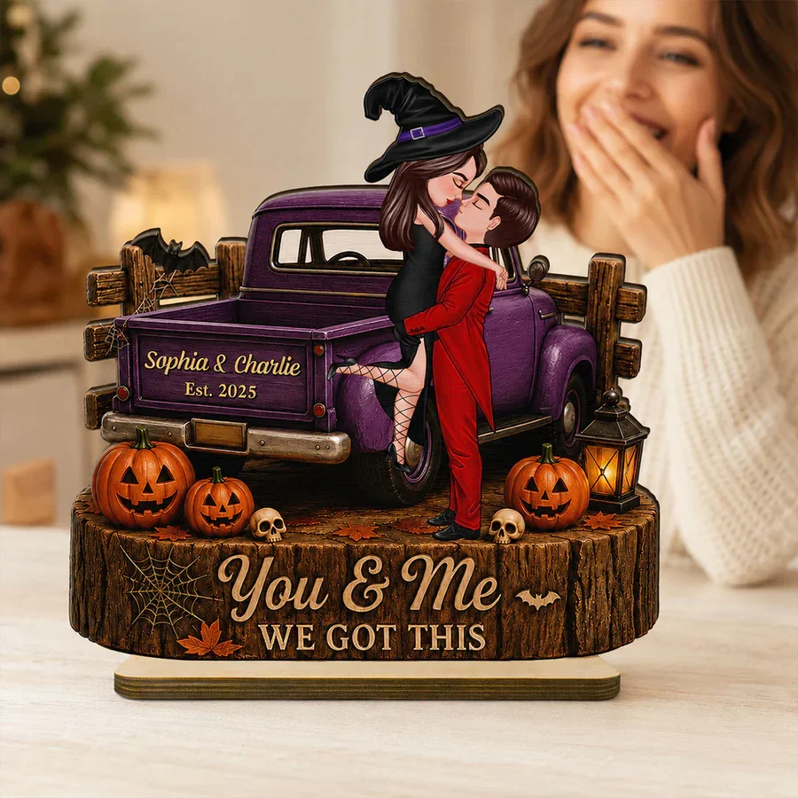 Personalized Layered Wooden Plaque, Spooky Kissing Couple Truck Scene, Unique Gift for Couples - Image 3