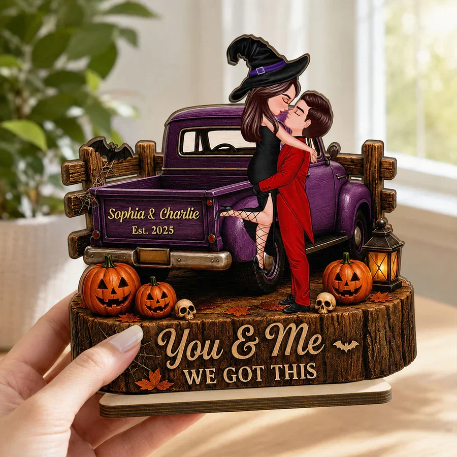 Personalized Layered Wooden Plaque, Spooky Kissing Couple Truck Scene, Unique Gift for Couples - Image 5