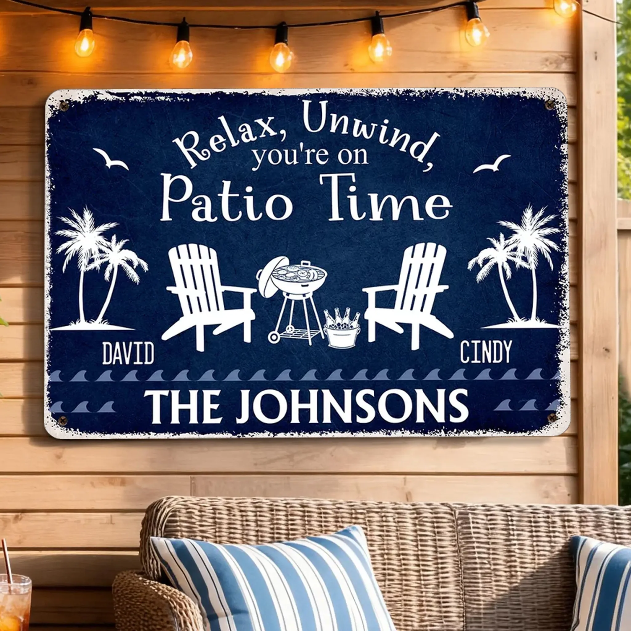 Personalized Rectangular Iron Sign for Patio Time, Navy Backyard Decor, Unique Gift for Family