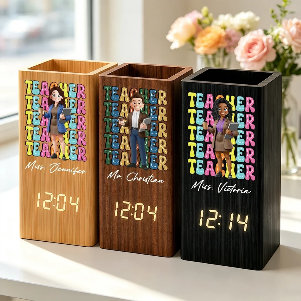 Personalized Wooden Pen Holder Clock, Cartoon Teacher Desk Organizer, Unique Creative Gift for Teacher