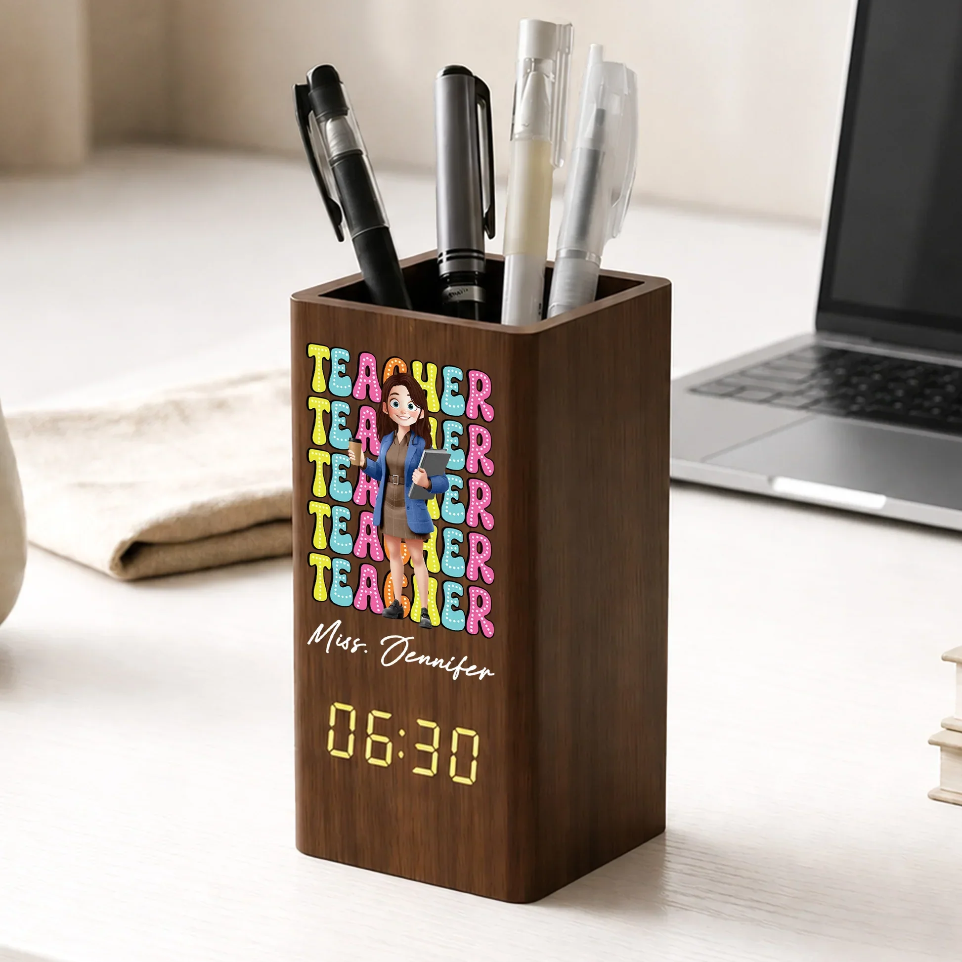 Personalized Wooden Pen Holder Clock, Cartoon Teacher Desk Organizer, Unique Creative Gift for Teacher - Image 2