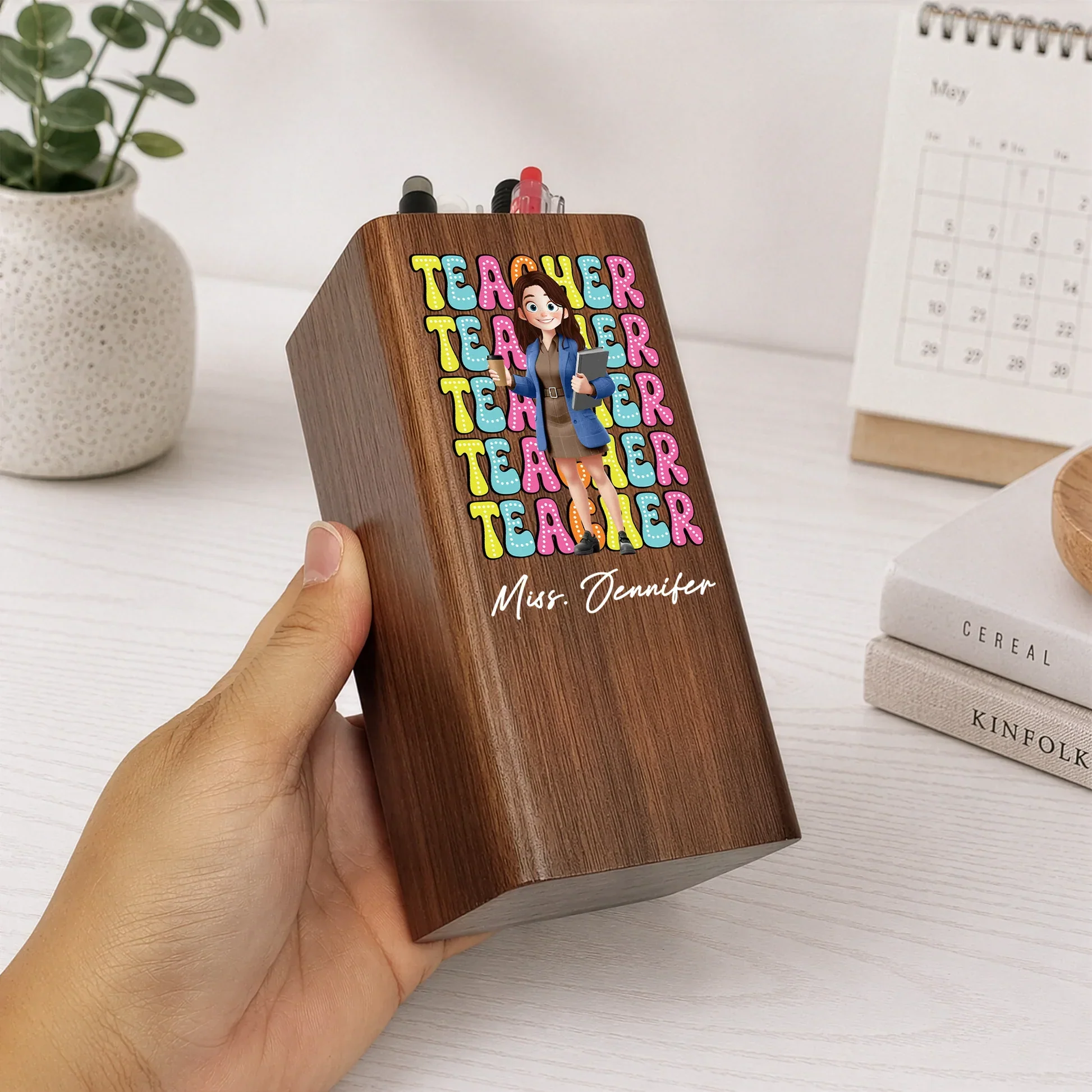 Personalized Wooden Pen Holder Clock, Cartoon Teacher Desk Organizer, Unique Creative Gift for Teacher - Image 3