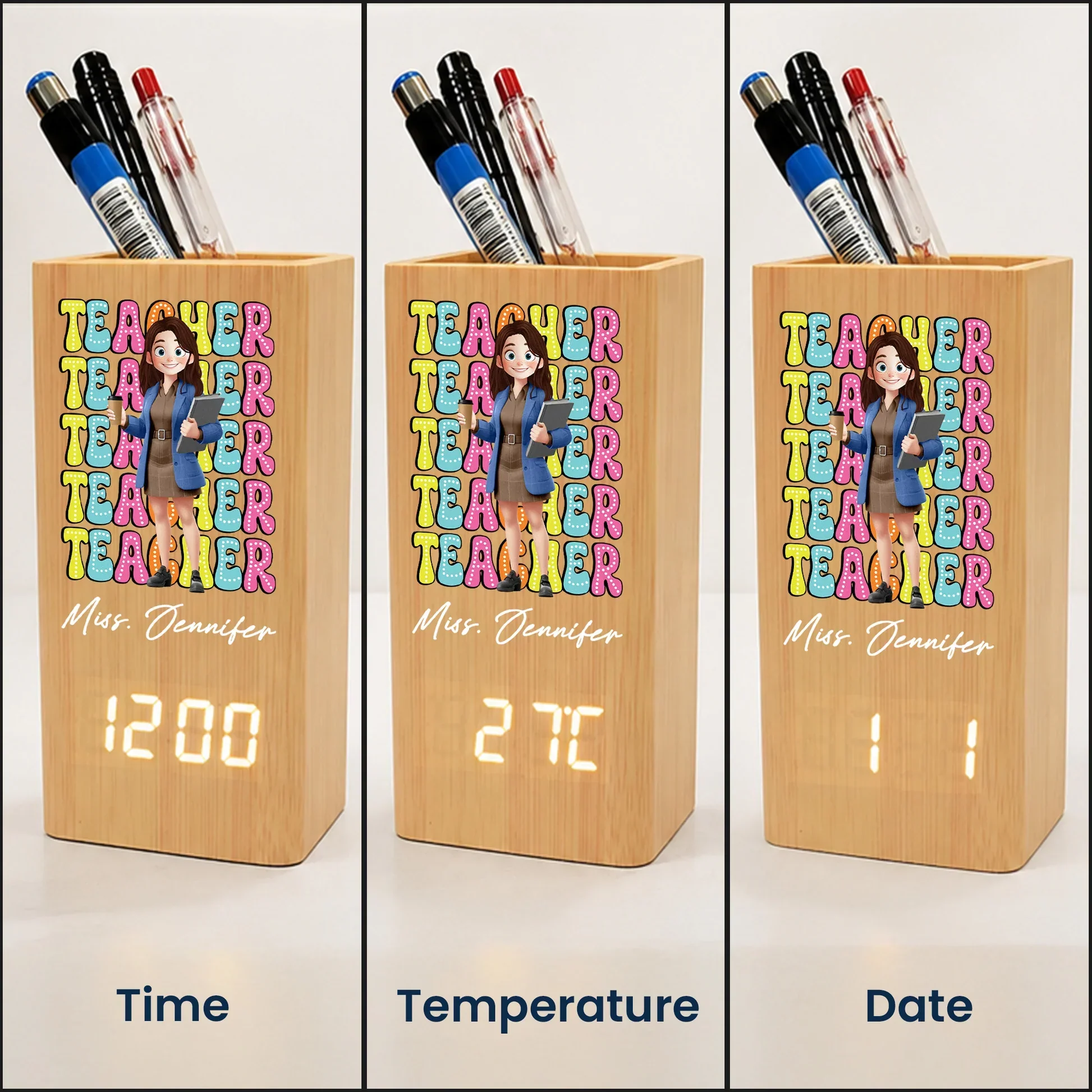 Personalized Wooden Pen Holder Clock, Cartoon Teacher Desk Organizer, Unique Creative Gift for Teacher - Image 5