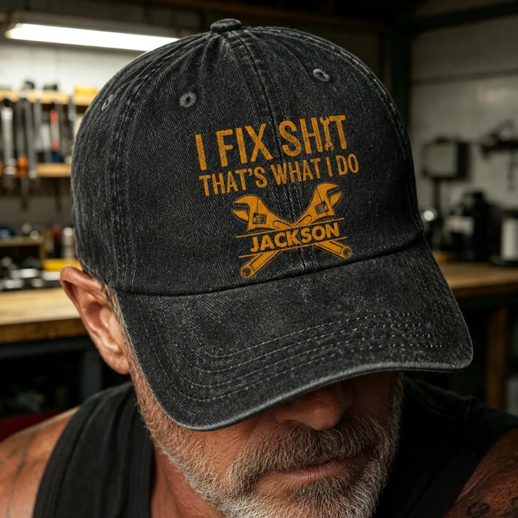 Washed Denim Baseball Cap, Funny Fix It Tool Graphic, Vintage Black Style, Unique Creative Gift for Fixers