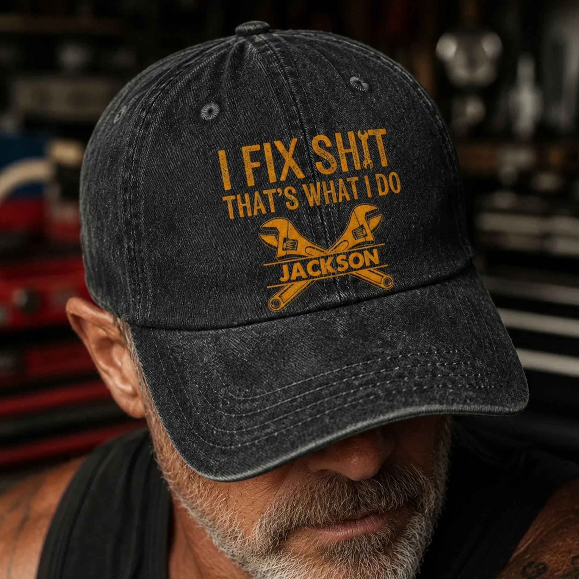 Washed Denim Baseball Cap, Funny Fix It Tool Graphic, Vintage Black Style, Unique Creative Gift for Fixers - Image 2
