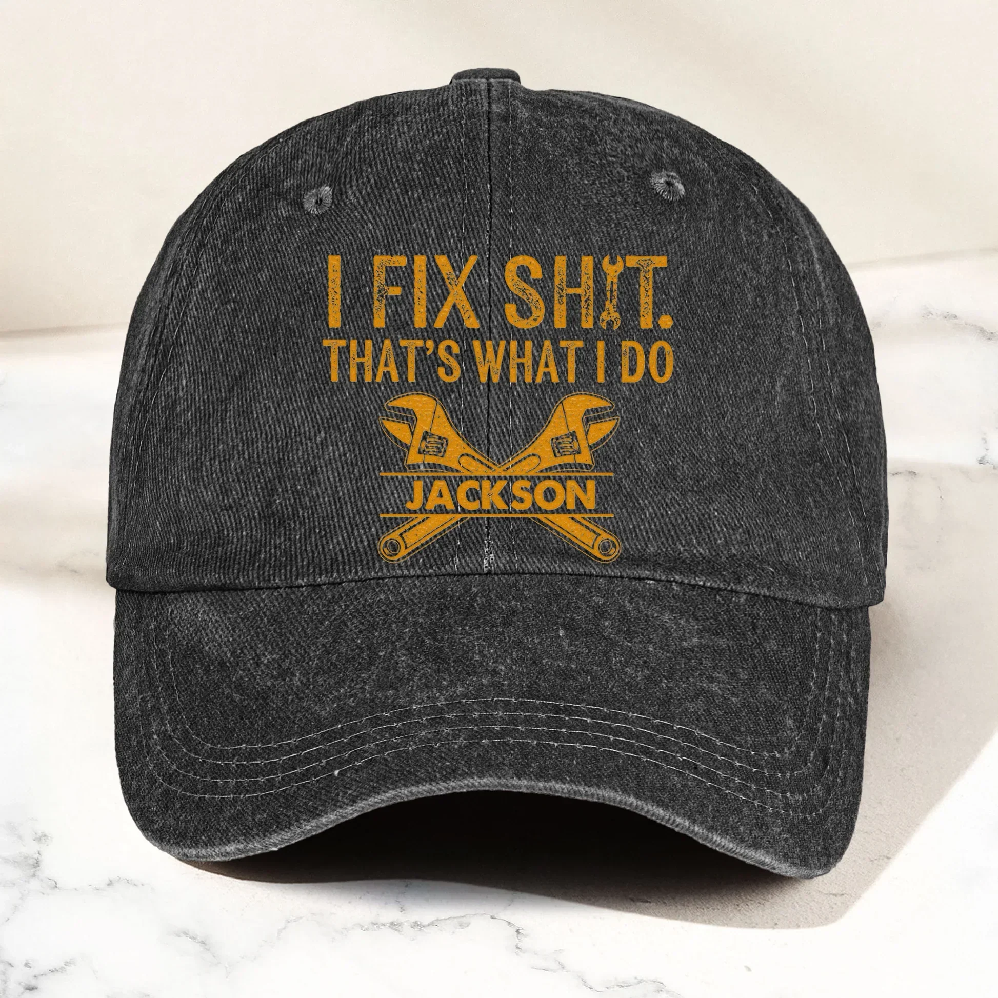 Washed Denim Baseball Cap, Funny Fix It Tool Graphic, Vintage Black Style, Unique Creative Gift for Fixers - Image 3