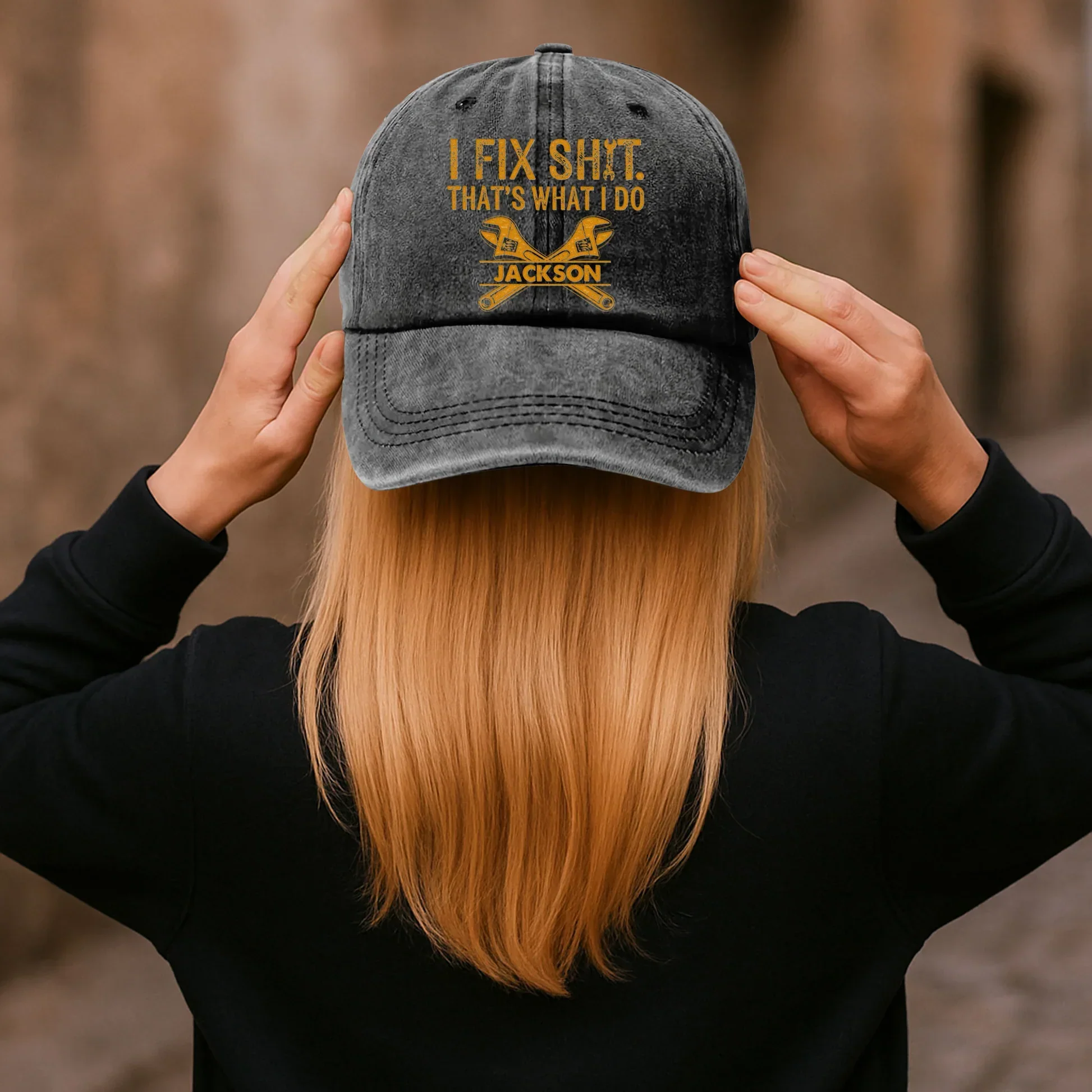 Washed Denim Baseball Cap, Funny Fix It Tool Graphic, Vintage Black Style, Unique Creative Gift for Fixers - Image 5