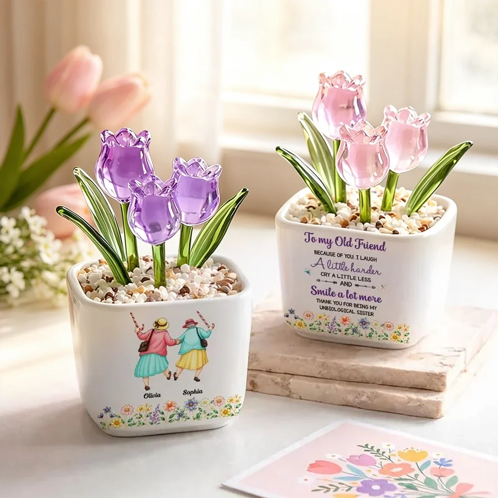 Square Glass Planter with Smile More Quote & Pastel Tulips, Unique Personalized Creative Gift for a Friend