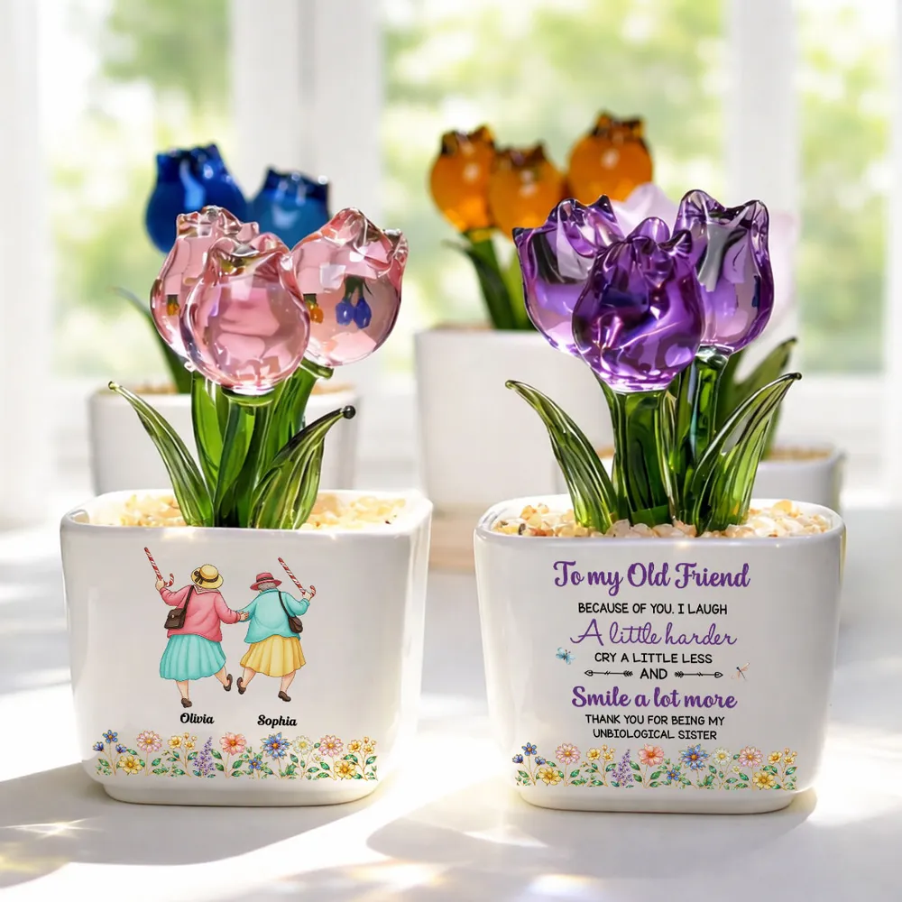 Square Glass Planter with Smile More Quote & Pastel Tulips, Unique Personalized Creative Gift for a Friend - Image 3