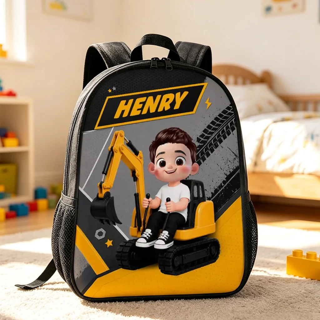 Personalized Kids School Backpack, Cute Excavator Ride Design, Unique Gift for Kids & Grandkids