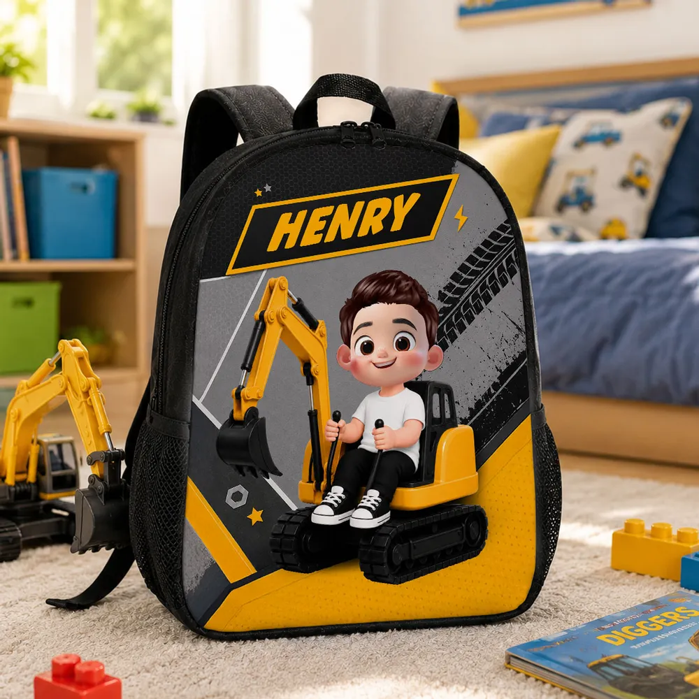 Personalized Kids School Backpack, Cute Excavator Ride Design, Unique Gift for Kids & Grandkids - Image 2