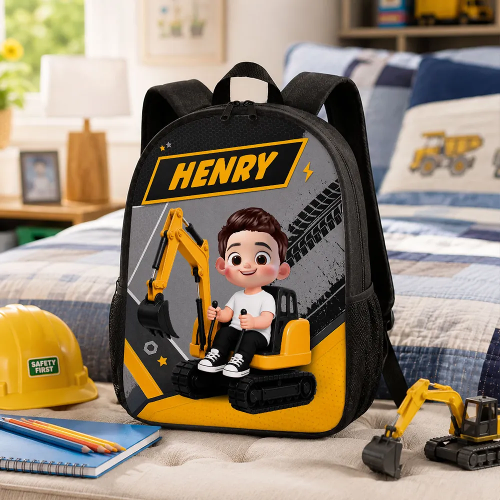 Personalized Kids School Backpack, Cute Excavator Ride Design, Unique Gift for Kids & Grandkids - Image 3