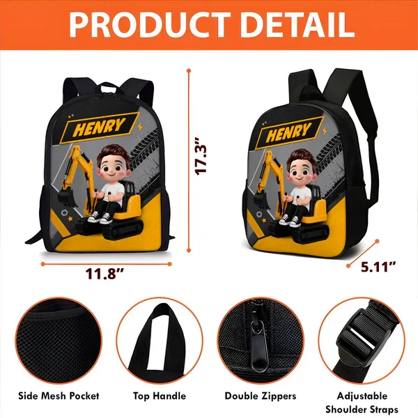 Personalized Kids School Backpack, Cute Excavator Ride Design, Unique Gift for Kids & Grandkids - Image 4