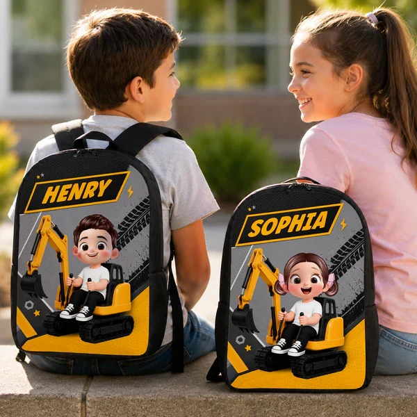 Personalized Kids School Backpack, Cute Excavator Ride Design, Unique Gift for Kids & Grandkids - Image 6