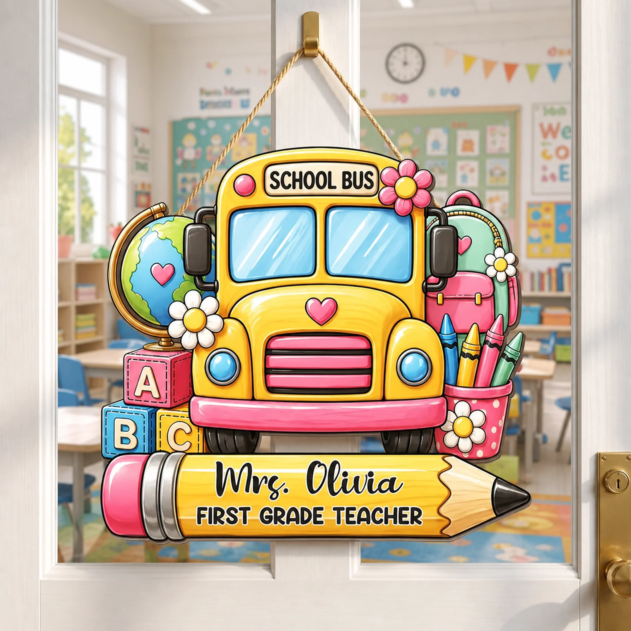 Personalized Teacher Wooden Sign, School Bus Classroom Door Decor, Unique Creative Gift for Teacher