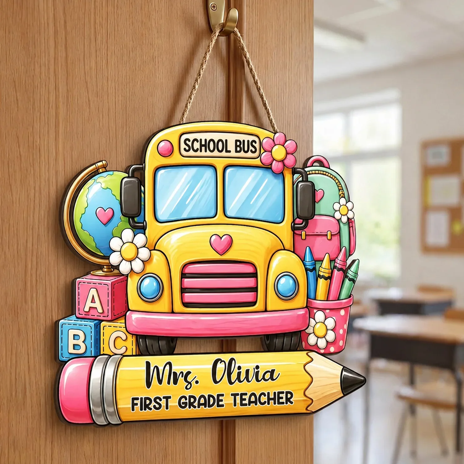 Personalized Teacher Wooden Sign, School Bus Classroom Door Decor, Unique Creative Gift for Teacher - Image 3
