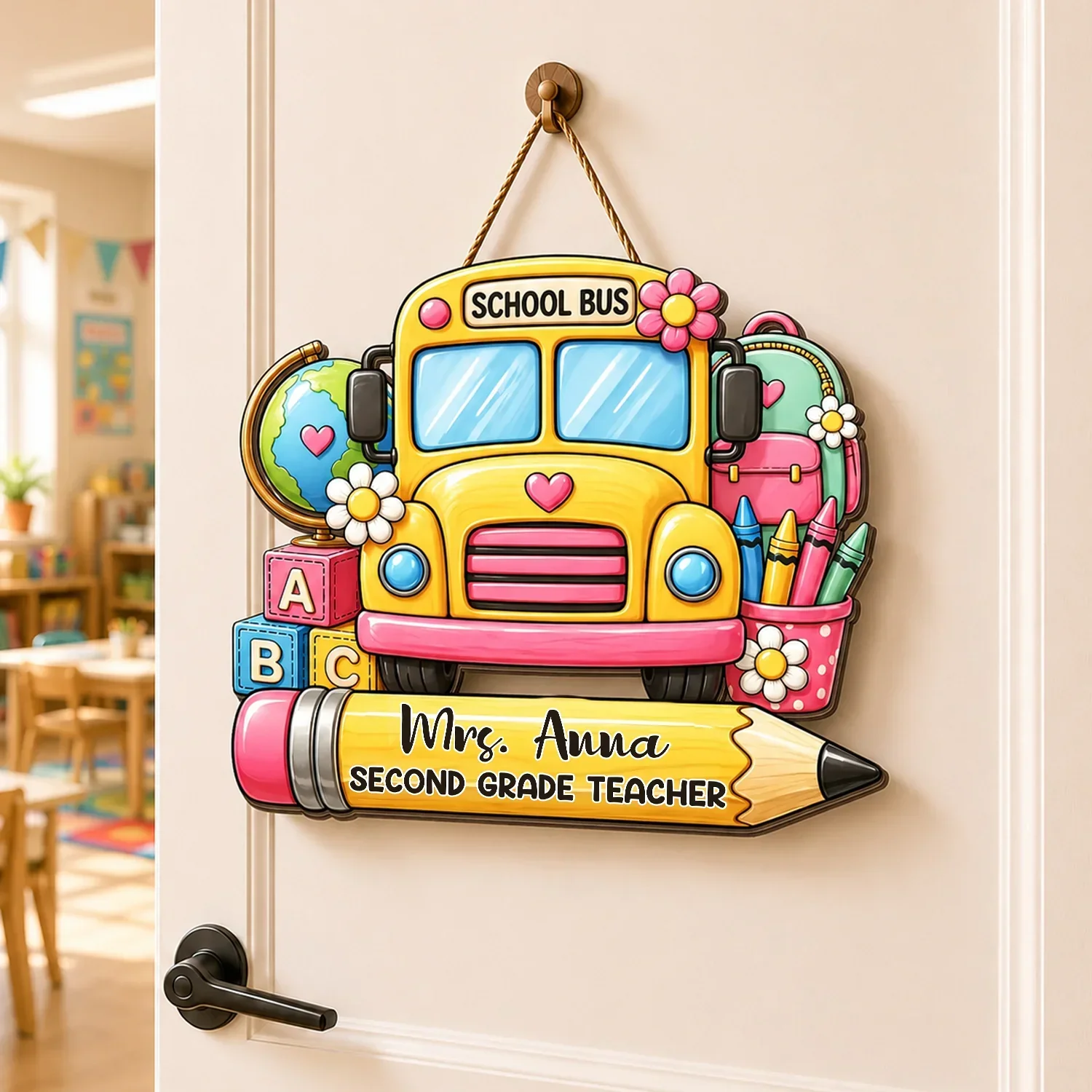 Personalized Teacher Wooden Sign, School Bus Classroom Door Decor, Unique Creative Gift for Teacher - Image 5