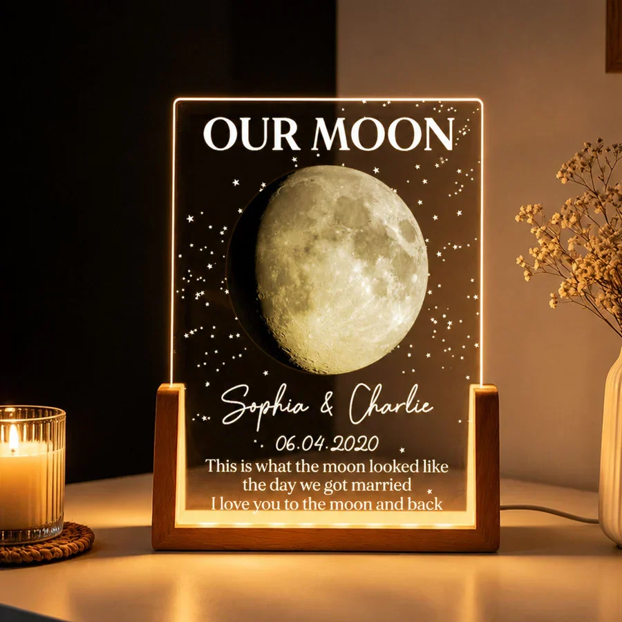 Personalized Moon Phase LED Light Frame, Unique Gift for Couple, Warm Starry Wedding Anniversary Keepsake - Image 4