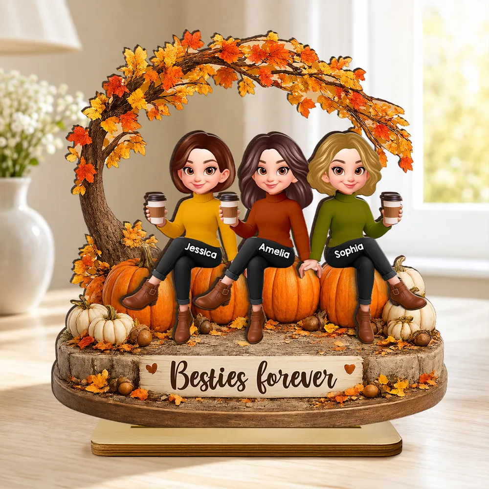 Personalized 2-Layer Wooden Plaque, Sitting Friends With Coffee, Autumn Pumpkin Scene, Unique Gift For Close Friends - Image 2