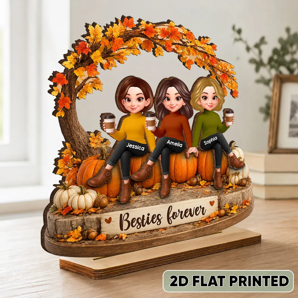 Personalized 2-Layer Wooden Plaque, Sitting Friends With Coffee, Autumn Pumpkin Scene, Unique Gift For Close Friends - Image 3
