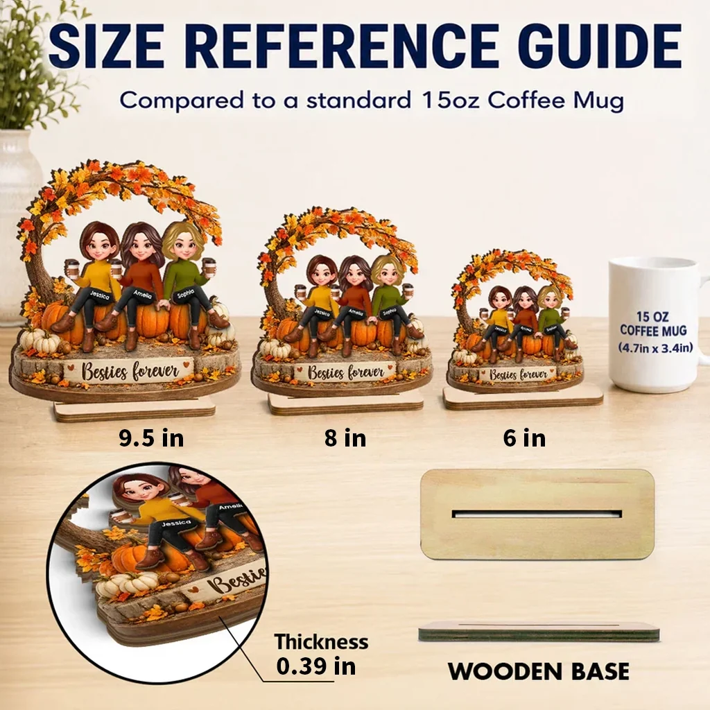 Personalized 2-Layer Wooden Plaque, Sitting Friends With Coffee, Autumn Pumpkin Scene, Unique Gift For Close Friends - Image 4