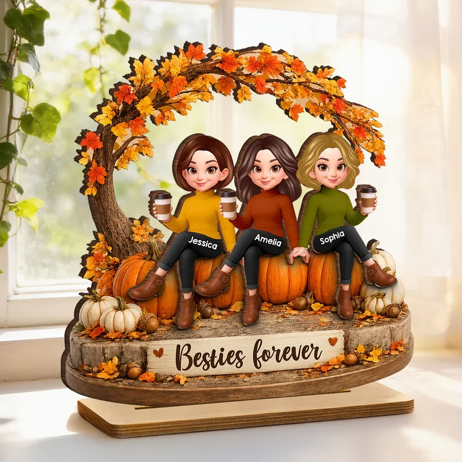 Personalized 2-Layer Wooden Plaque, Sitting Friends With Coffee, Autumn Pumpkin Scene, Unique Gift For Close Friends - Image 5