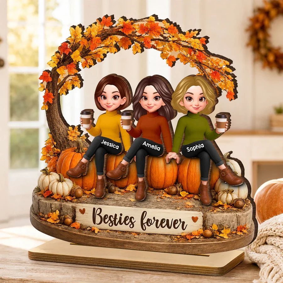 Personalized 2-Layer Wooden Plaque, Sitting Friends With Coffee, Autumn Pumpkin Scene, Unique Gift For Close Friends - Image 6
