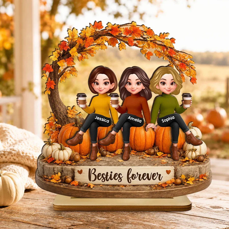 Personalized 2-Layer Wooden Plaque, Sitting Friends With Coffee, Autumn Pumpkin Scene, Unique Gift For Close Friends - Image 7
